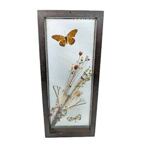 Vintage Shadow Box Butterflies Flowers display glass 12.4" x 5.4" boho READ